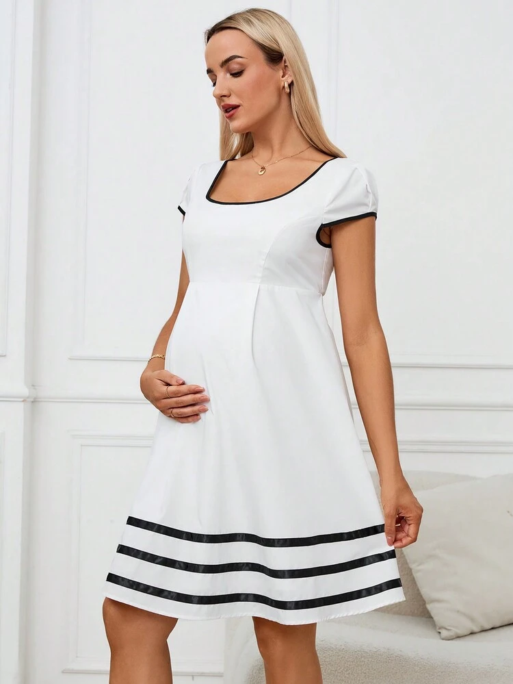 Maternity Casual Commute Young Square Neck Cap Sleeve Short Bodycon Dress With Hat