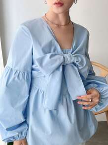 FRIFUL Áo sơ mi dài tay màu trơn thanh lịch dành cho nữ - Màu xanh lam - Xem 7