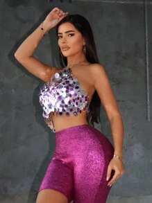 SHEIN SXY Pride Pride Club Concert Outfits Women's  Summer Sexy Backless Sparkly Halter Top - Multicolor - View 3