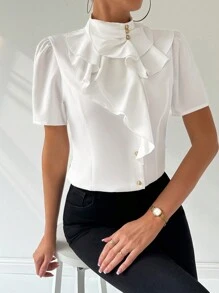 Firerie Women's Elegant Daily/Date/Work/Commute Style Delicate Ruffle Short-Sleeve White Shirt,Short Sleeve Tops - White - View 5