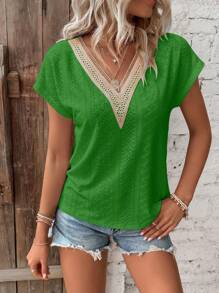Breezaya Women's Summer Contrast Lace V-Neck Short Sleeve Casual T-Shirt - Mint Green - View 4