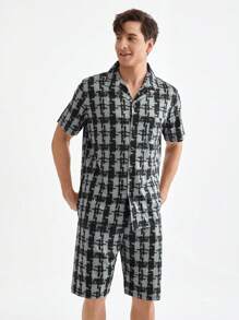 Men's Summer Plaid Short Sleeve And Shorts Homewear Set