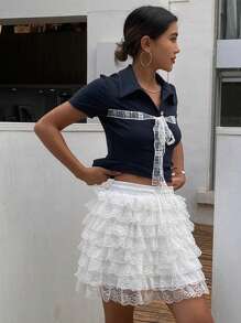 DAZY Tricou de vară pentru femei, cu mânecă scurtă și guler cu bowknot, casual, drăguț - Albastru - Vizualizare 3