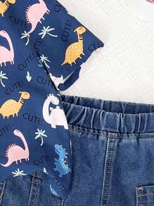 SHEIN Bộ áo sơ mi tay ngắn in chữ và khủng long dễ thương cho bé trai và quần short denim - Màu xanh lam - Xem 4