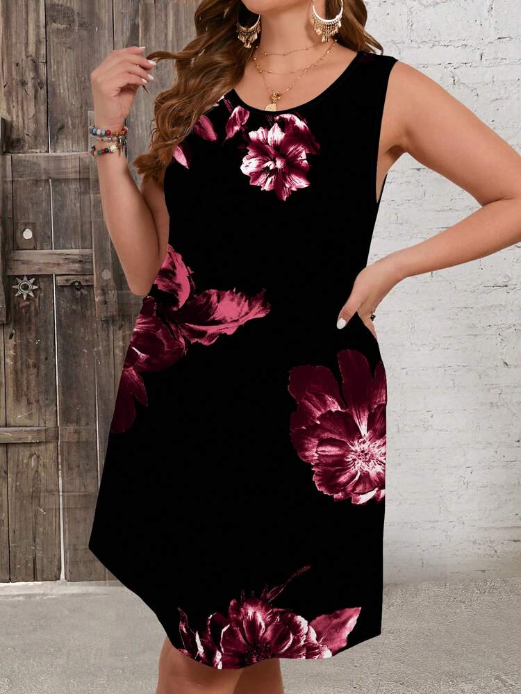 Plus Size Summer Casual Floral Printed Sleeveless  Slim Fit Tank Dress