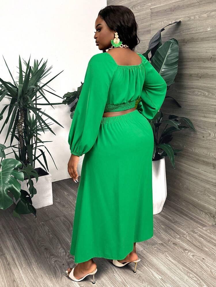 Plus Size Green Summer Lantern Sleeves Square Neck Elegant Casual Holiday Set, Featuring Front Pleats, Elastic Waistband, And Ankle-Length Skirt-M