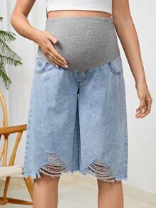 SHEIN 孕妇休闲宽松破洞针织牛仔七分裤，可调节腰围牛仔裤 - 彩色 - 查看 1