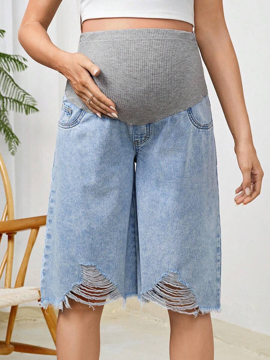 SHEIN 孕妇休闲宽松破洞针织牛仔七分裤，可调节腰围牛仔裤 - 彩色 - 查看 1