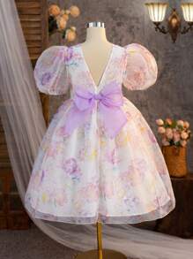 SHEIN 少女寬鬆可愛3D花瓣綢印花後背泡泡袖連蝴蝶結洋裝，夏日風情 - 紫色 - 查看 1