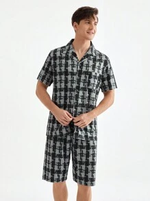 Men's Summer Plaid Short Sleeve And Shorts Homewear Set