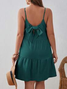 SHEIN VCAY 大码女式波西米亚风时尚蝴蝶装饰细肩带连衣裙，适合夏季 - 墨綠色 - 查看 1