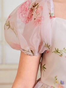 SHEIN DRMZ Tween Girl Tween Girls' Spring/Summer Sweetheart Collar Bubble Sleeve Floral Print Mid-Length Dress - Red - View 5