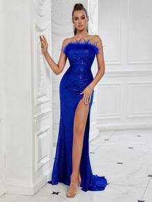 Vestido de fiesta artificial de plumas con escote sin tirantes, brillo, abertura, y espalda descubierta. - Azul - Ver 6