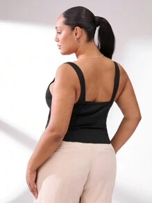 SHEIN BASICS Casual Solid Color Knitted Slim Fit Plus Size Tank Top And Top - Black - View 2