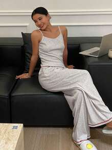 Livesso Colorblock Trim Decorated Cami Top And Long Pants Homewear Set,Back To School Clothes Pajama - Dark Grey - View 1