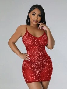 Women's Sexy Rhinestone Sheer Mini Dress Sleeveless Spaghetti Strap Cami Style High Stretch Party Clubwear New Year Dress, Halloween Clothes For Women,Red - Red - View 1