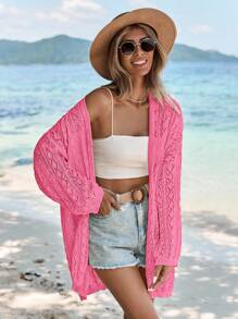 SHEIN Frenchy Women's Vacation Solid Color Hollow Knit Cardigan, Apricot Solid Color Peplum Kimono Cover Up Swimsuit Cardigan, Boho Women Clothing, Beach Women Clothing, Beach Knit Cardigan, Kimono, Cover Up Swimsuit, Summer Clothing - Hot Pink - View 6