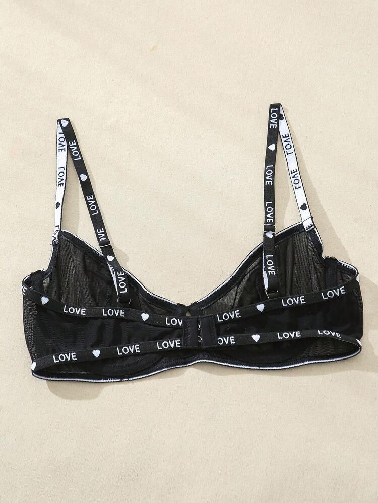Women's Letter Jacquard Mesh Bra With Ribbon Detail, Lingerie
