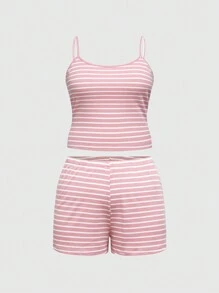 ROMWE Bộ đồ mặc nhà sọc mùa hè Plus Size & quần short - Hồng - Xem 1