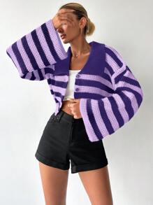 EURMUSE Contrasting Striped Splice Collar Cardigan - Lilac Purple - View 4