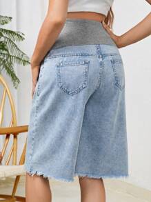 SHEIN 孕妇休闲宽松破洞针织牛仔七分裤，可调节腰围牛仔裤 - 彩色 - 查看 3