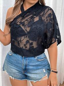Celure Blusa de talla grande para mujer con mangas de murciélago, cuello acuchillado y apliques florales de textura - Negro - Ver 7