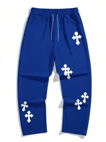 Manfinity EMRG 鬆身男士交叉印花休閒長褲，彈性腰帶設計 - 藍色 - 查看 4