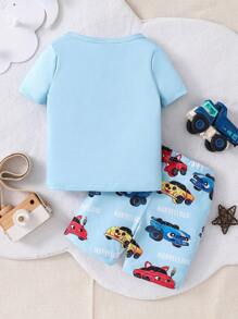 Baby Boy Cute Motorcycle Pattern Snug Fit Round Neck T-Shirt And Leggings Set, Home Wear - Mint Green - View 2