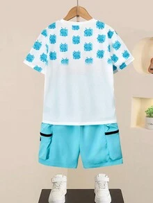 SHEIN Tricou cu desene animate Tween Boy și pantaloni scurți cu buzunare