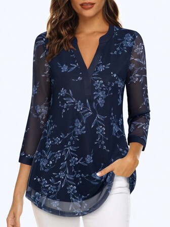 CheersLife Women's 3/4 Sleeve Blouses Casual V Neck Dress Shirts Double Layers Mesh Tunics Tops