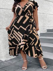 SHEIN CURVE+ Vestido largo de mujer de talla grande con bloque de color, estampado geométrico, volante en el bajo y lazo para atar, para uso casual de verano - Negro - Ver 3