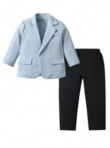 SHEIN Young Boy 2pcs/Set Light Blue Suit Jacket And Pants Set For Holiday Party - Baby Blue - View 1