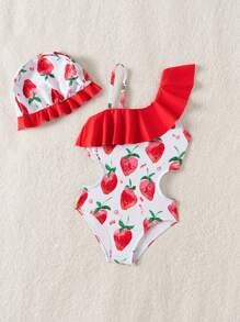 Baby Girl Strawberry Printed Swimwear With Ruffled Hem And Hollow-Out Design - Multicolor - View 4