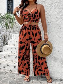 Breezaya Plus Size Allover Print Knot Strap Tank Top And Shorts 2pcs Summer Vacation Set - Burnt Orange - View 1