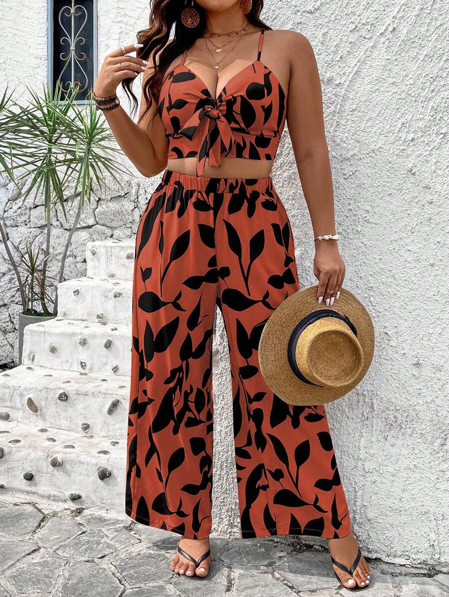 Breezaya Plus Size Allover Print Knot Strap Tank Top And Shorts 2pcs Summer Vacation Set - Burnt Orange - View 1