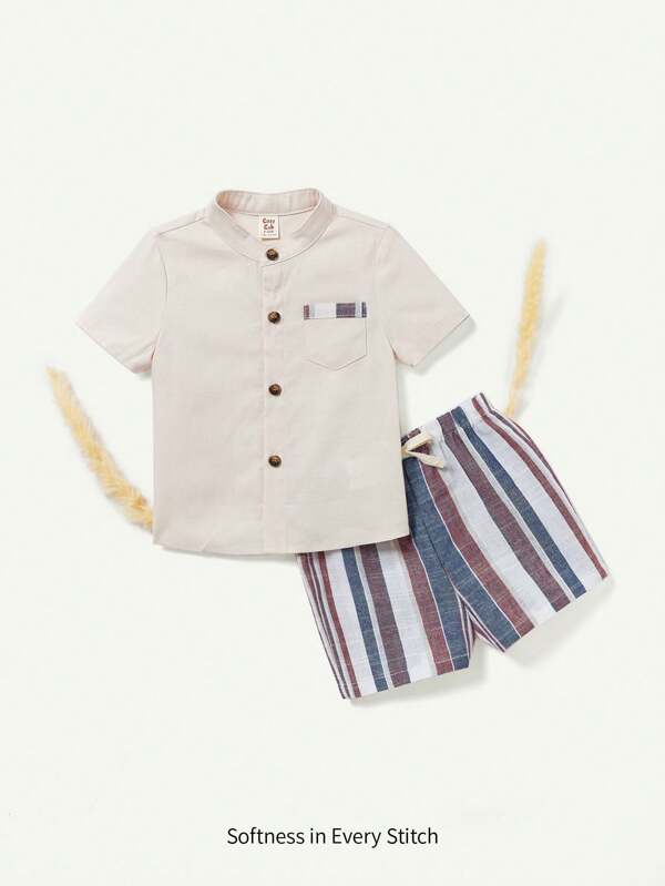 Cozy Pixies Conjunto de Roupa de Menino Bebê - Camisa Polo de Manga Curta de Cor Sólida e Shorts Casuais Listrados Verticais Coloridos