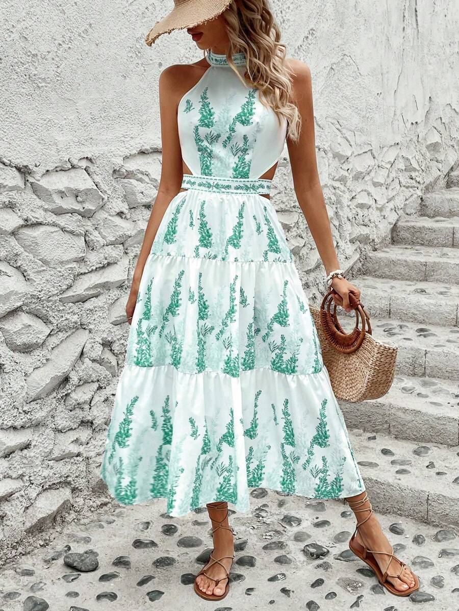 SHEIN LUNE Vestido de vacaciones para mujer con cuello halter impreso, sin mangas y con detalle de huecos y dobladillo de volantes