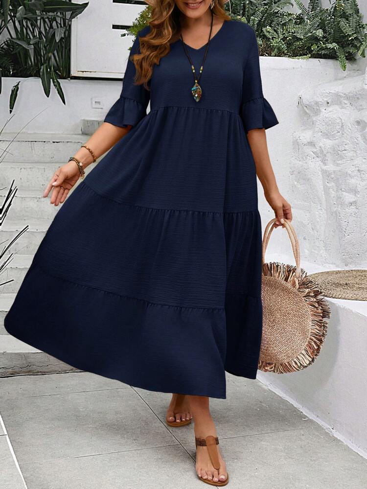 Plus Size Women's Deep V-Neck Ruffle Sleeve Multi-Tiered Hem Long Yellow Dress For Summer