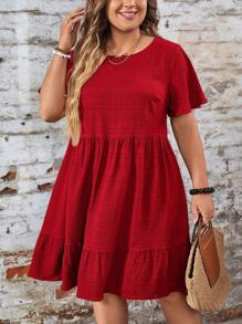 SHEIN LUNE Vestido de manga corta con cuello redondo y volante en el bajo, unicolor, talla grande, para el verano
