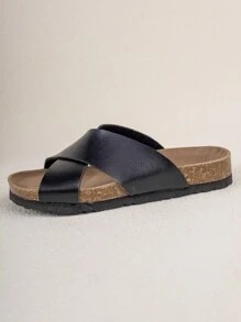 1pair Comfortable & Fashionable Open Toe Kids' Slippers, Classic Style For Spring, Summer, And Fall - Black - View 3