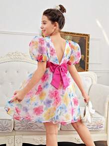 SHEIN DRMZ Tween Girl Tween 女童刺绣网眼提花圆领短袖派对礼服 适合婚礼季节 - 彩色 - 查看 1