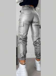 SHEIN VaVaLuxe Quần tiện ích có còng giống như kim loại thời trang - Bạc - Xem 2