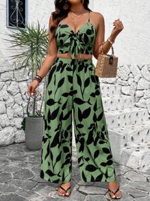 Breezaya Plus Size Wiązany top na ramiączkach i szorty z nadrukiem na całej powierzchni Letnie wakacje Dwuczęściowy zestaw