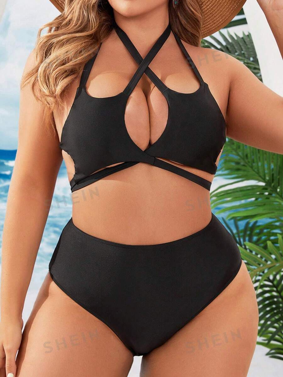 SHEIN Swim Curve Juego de bikini de verano de moda para mujeres de talla grande de unicolor para playa