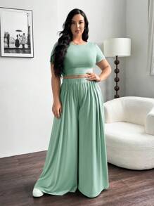 SHEIN Essnce 大码夏季女士休闲套装圆领上衣阔腿裤套装夏季套装 - 綠色 - 查看 5