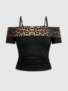 ROMWE J-Fashion Plus Size Women's Fashionable Leopard Print Short Sleeve Off-The-Shoulder T-Shirt - Multicolor - View 1