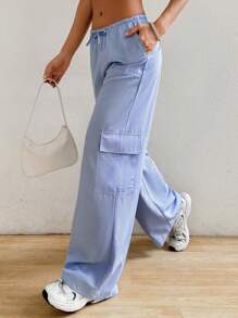SHEIN EZwear Pantalones anchos y rayados de uso diario sueltos y con estilo para mujer, de verano - Azul - Ver 3