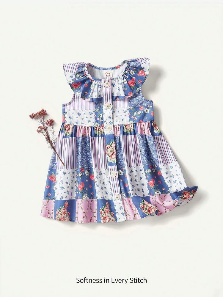 Baby Girl Casual Colorful Floral Pattern Round Neck Ruffle Trim Pullover Waist-Tied Dress