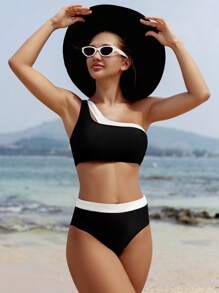 Swim Vcay Women's Summer Beach Color Block One Shoulder Sexy Bikini Set - Black and White - View 7
