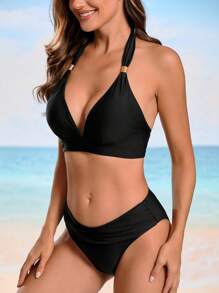 SHEIN Swim 女士纯色露背系带性感比基尼套装，适合海滩度假夏季 - 黑色 - 查看 8